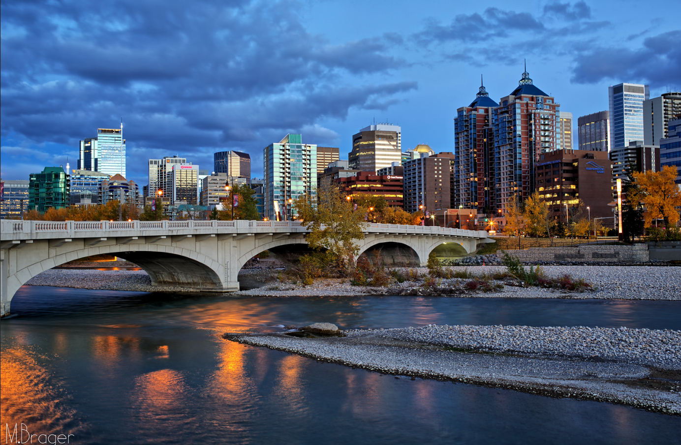 Calgary river skyline at dusk